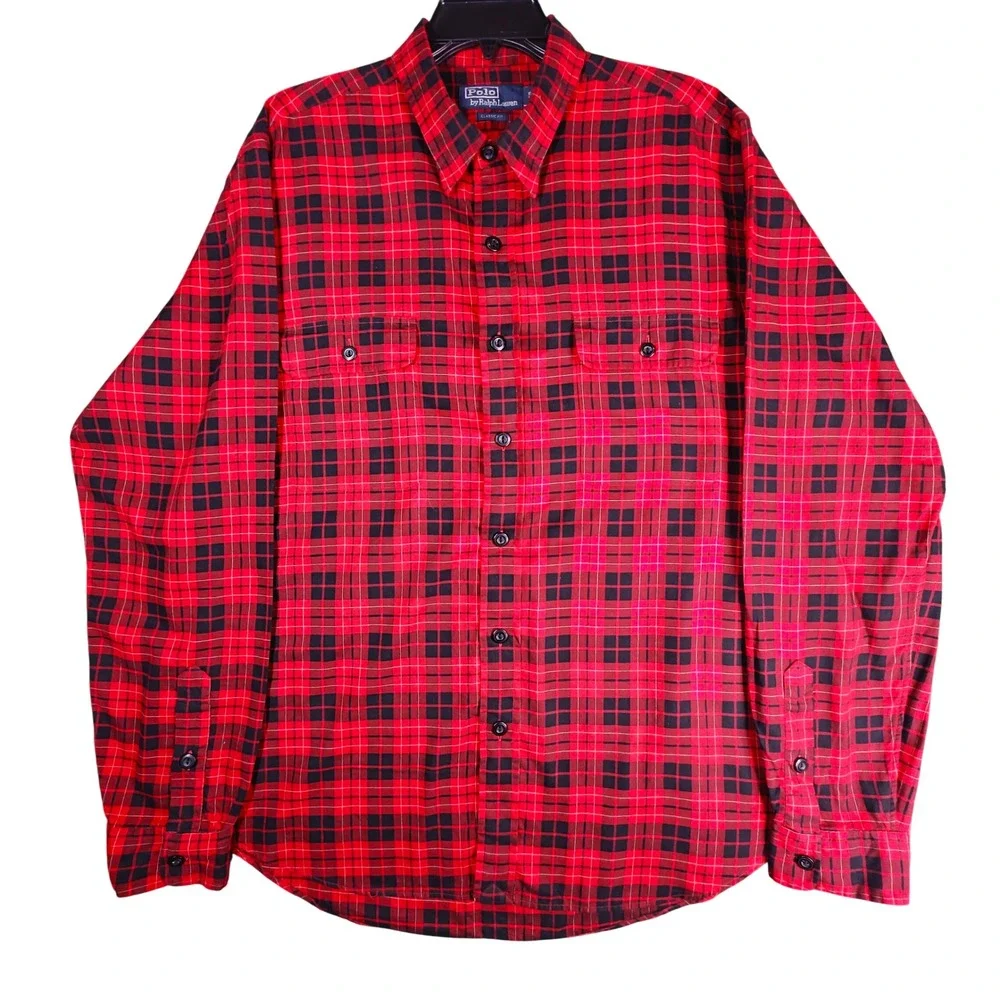 Polo Ralph Lauren Mens XL Classic Fit Red Black Plaid Flannel Button Down Shirt